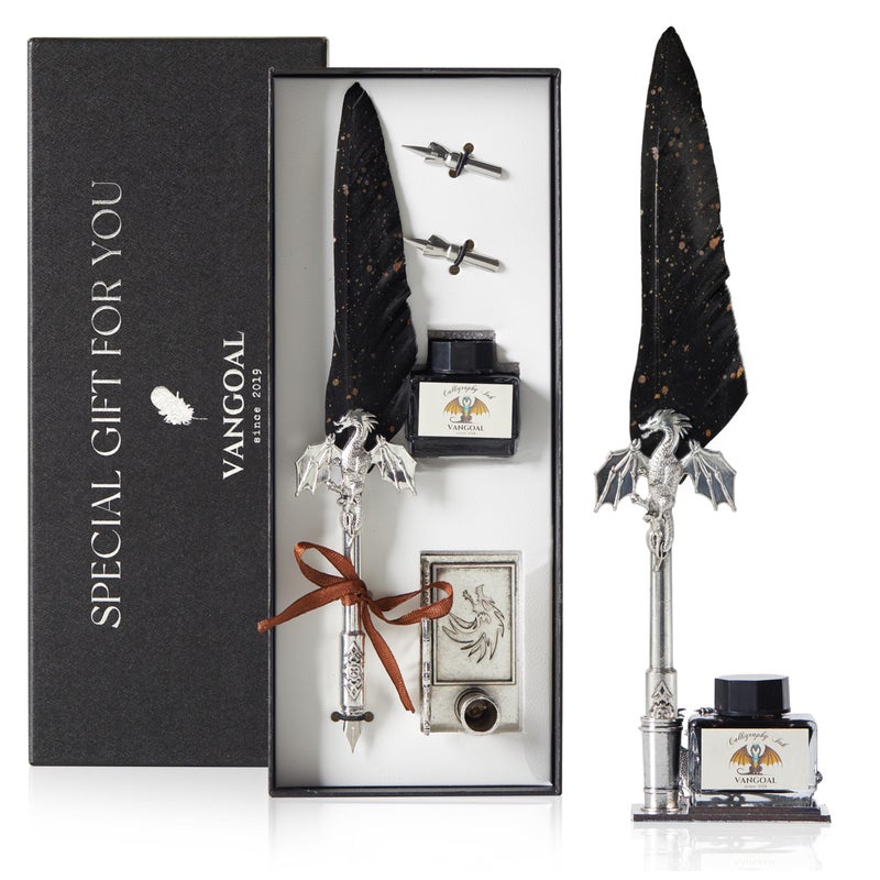 VANGOAL Dragon Quill Pen and Ink Set, Vintage Dragon Feather Dip Pen Calligraphy Gift Set for Writing, Drawing, Desktop Decoration (Black) - Image 1