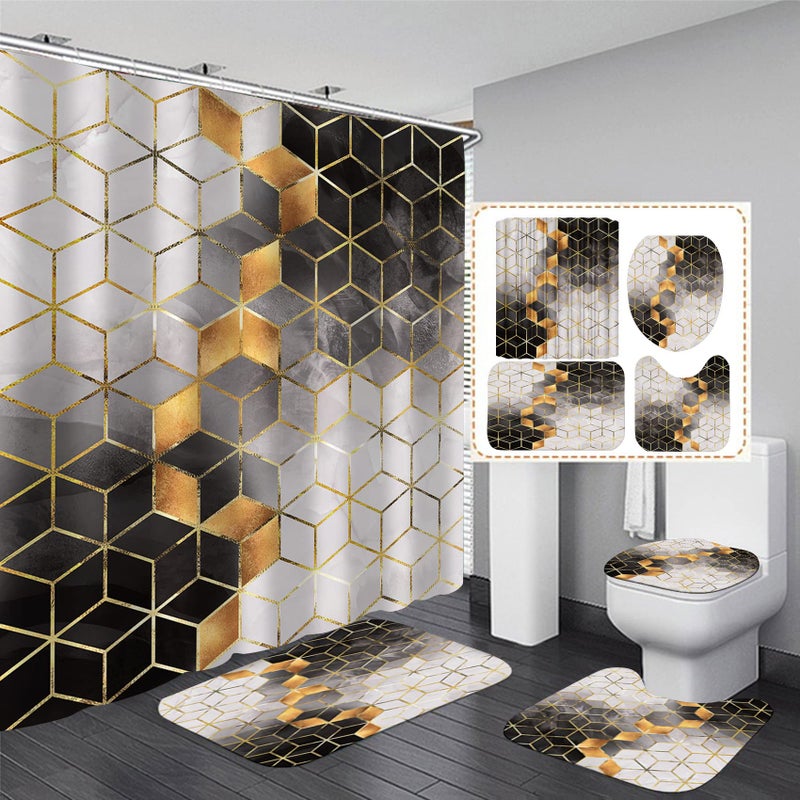 LQCOOL 4Pcs Black Gradient Shower Curtain Set,Black Marbling Golden Cubic Lines Bathroom Set Texture Modern Art Bath Accessories with Mats - Image 2