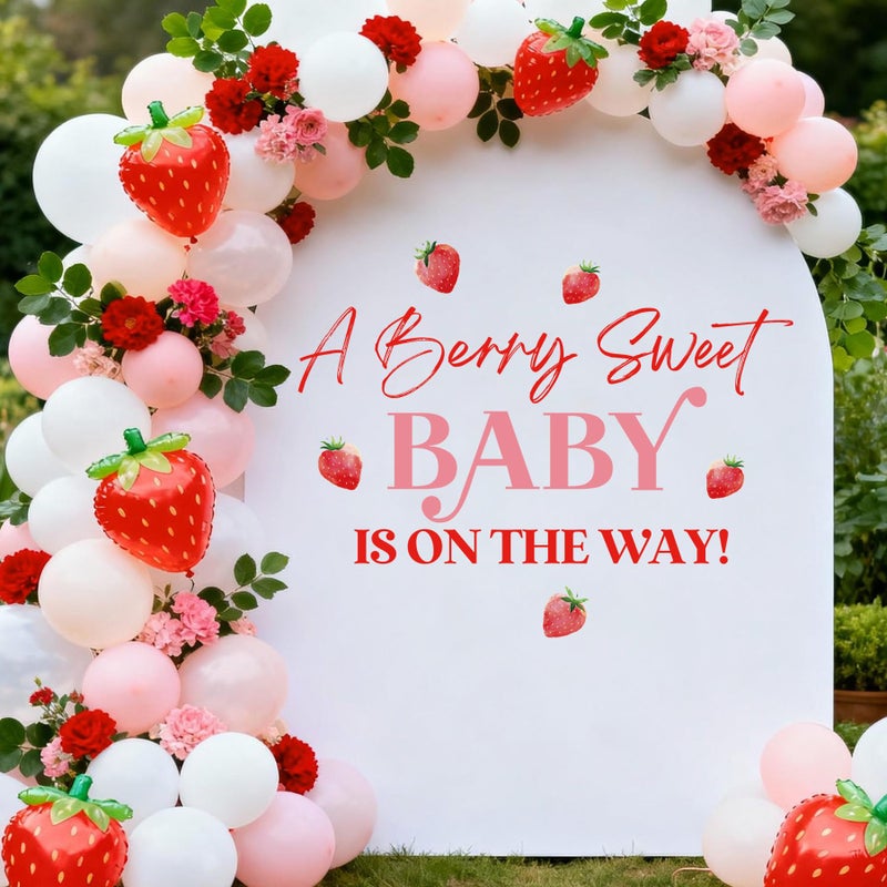 Aoemon A Berry Sweet Baby is on The Way Decorations - Peel and Stick Strawberry Baby Shower Decorations Balloon Arch Stickers, Strawberry Theme Wall Decor, Sweet One Berry First Birthday Party Backdrop Decor - Image 5
