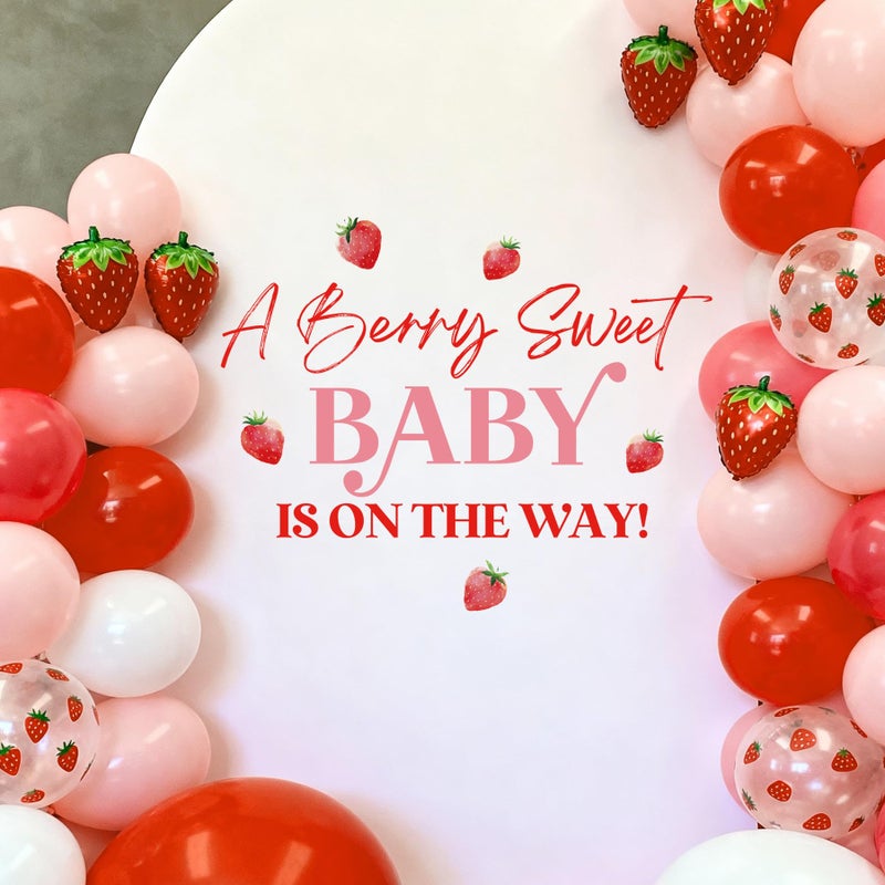 Aoemon A Berry Sweet Baby is on The Way Decorations - Peel and Stick Strawberry Baby Shower Decorations Balloon Arch Stickers, Strawberry Theme Wall Decor, Sweet One Berry First Birthday Party Backdrop Decor - Image 1