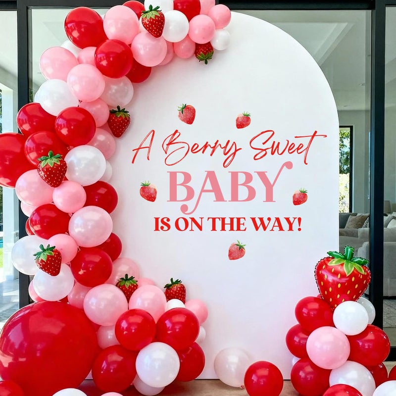 Aoemon A Berry Sweet Baby is on The Way Decorations - Peel and Stick Strawberry Baby Shower Decorations Balloon Arch Stickers, Strawberry Theme Wall Decor, Sweet One Berry First Birthday Party Backdrop Decor - Image 3