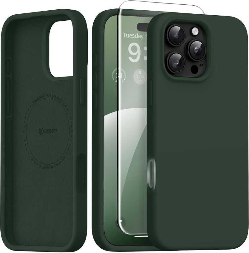 GONEZ Magnetic for iPhone 16 Pro Case, Compatible with MagSafe, [Screen Protector + Camera Lens Protector], Silicone Shockproof Anti-Scratch Protective Phone Case 6.3 inch, Dark Green - Image 1