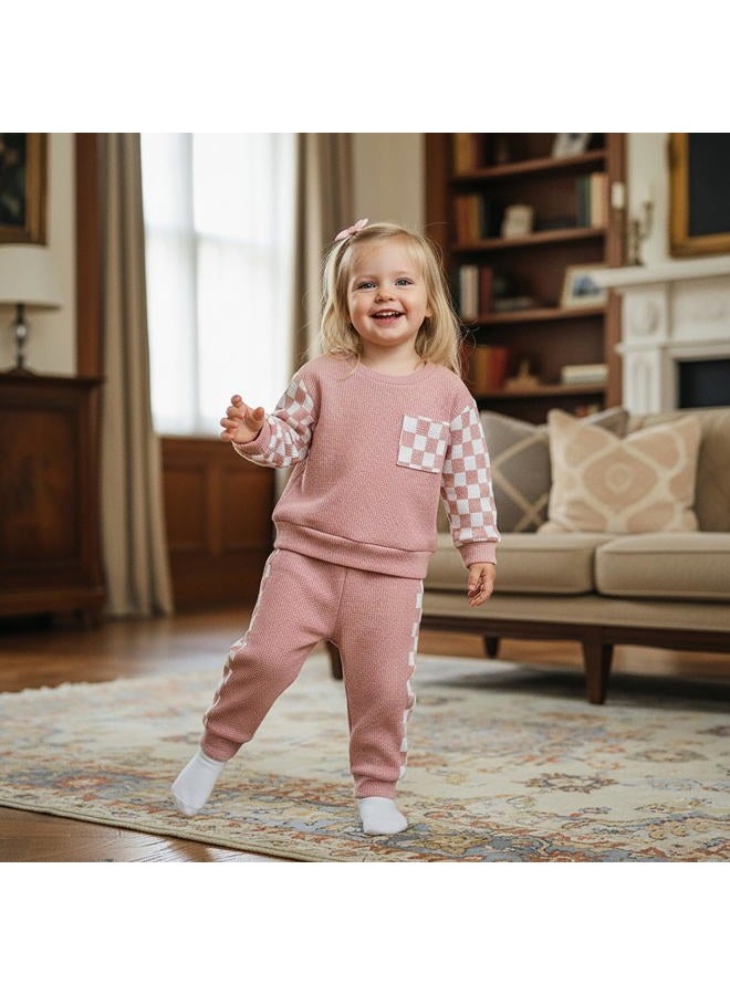 allshope Toddler Baby Girl Fall Outfit Checkerboard Patchwork Long Sleeve Sweatshirt Elastic Waist Pants Newborn Clothes Set, Waffle Pink, 18-24 Months - Image 2