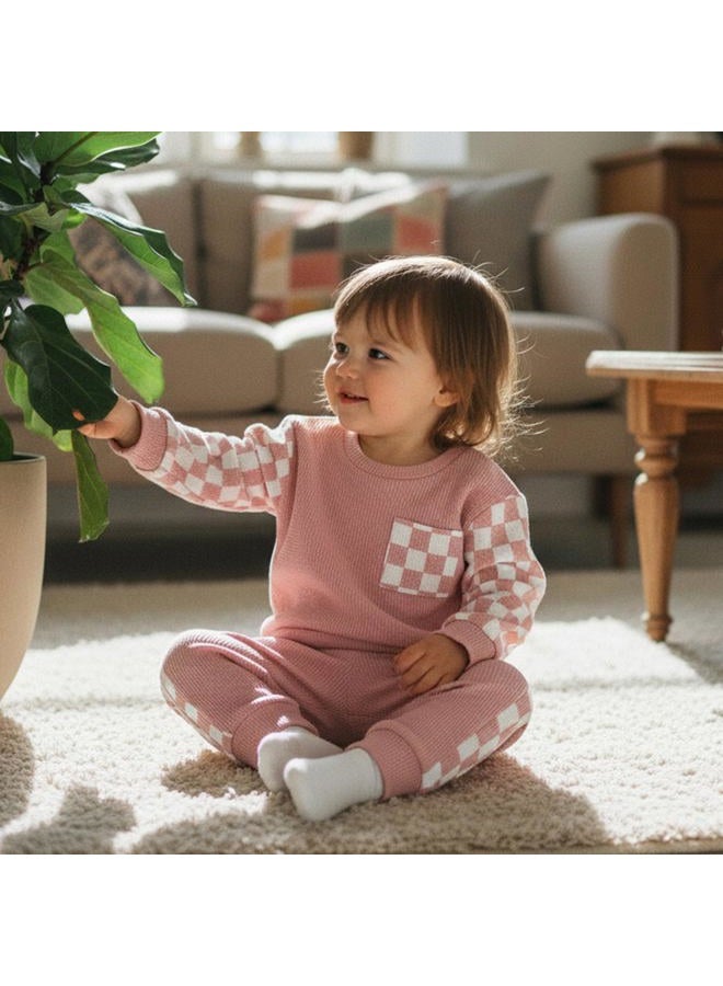allshope Toddler Baby Girl Fall Outfit Checkerboard Patchwork Long Sleeve Sweatshirt Elastic Waist Pants Newborn Clothes Set, Waffle Pink, 18-24 Months - Image 5