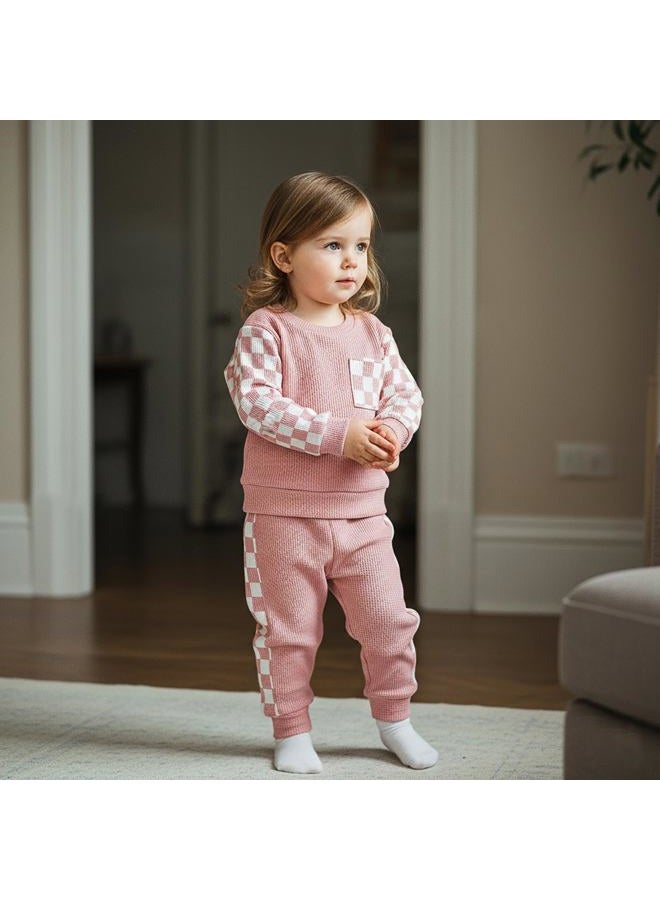 allshope Toddler Baby Girl Fall Outfit Checkerboard Patchwork Long Sleeve Sweatshirt Elastic Waist Pants Newborn Clothes Set, Waffle Pink, 18-24 Months - Image 4