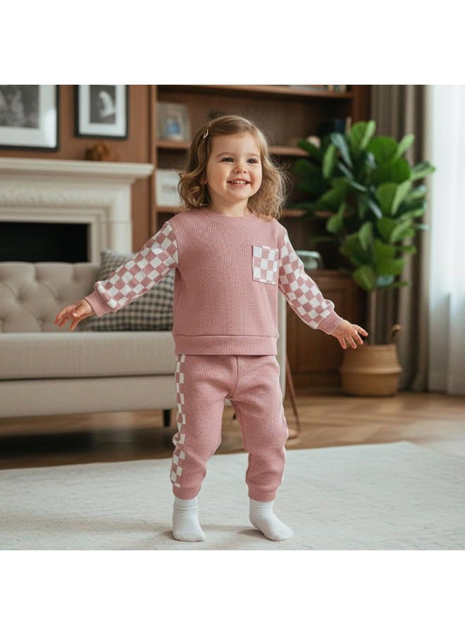 allshope Toddler Baby Girl Fall Outfit Checkerboard Patchwork Long Sleeve Sweatshirt Elastic Waist Pants Newborn Clothes Set, Waffle Pink, 18-24 Months - Image 3