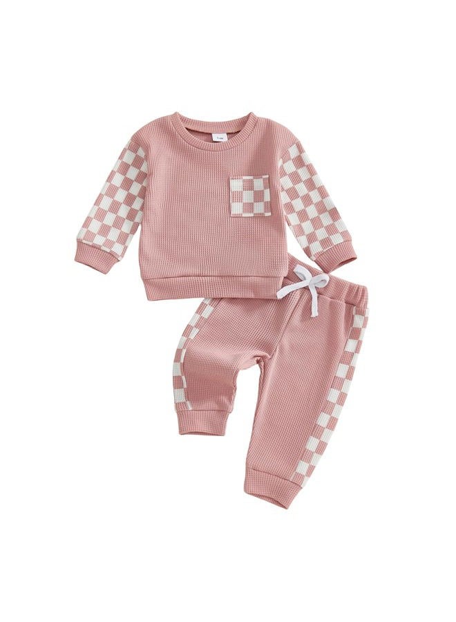 allshope Toddler Baby Girl Fall Outfit Checkerboard Patchwork Long Sleeve Sweatshirt Elastic Waist Pants Newborn Clothes Set, Waffle Pink, 18-24 Months - Image 1