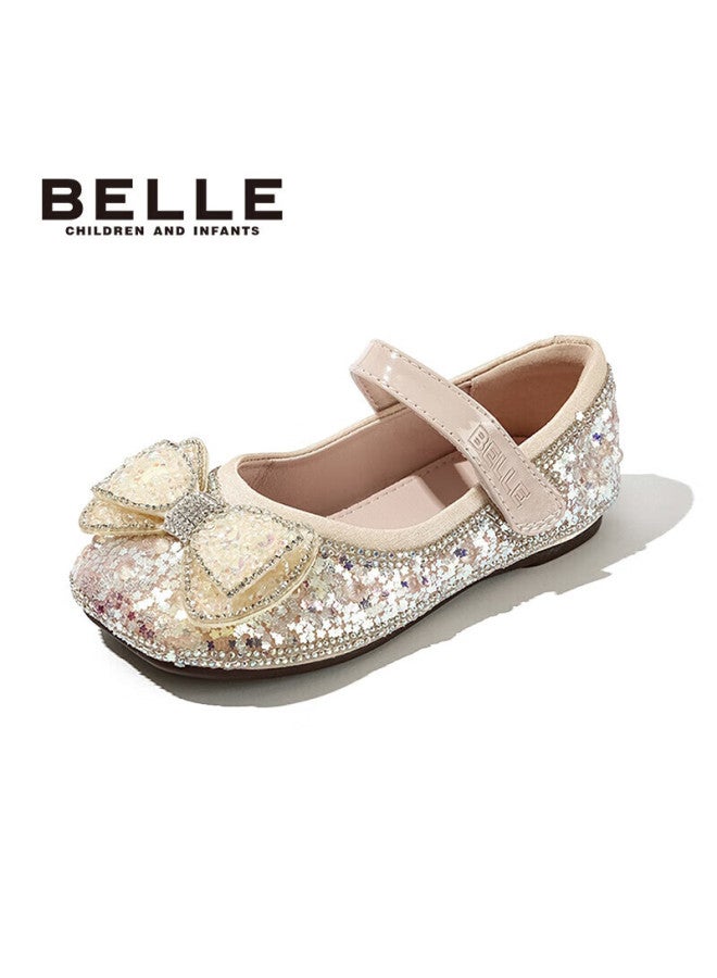 Belle Children's Leather Shoes, Princess Shoes, Crystal Performance Shoes, Baby Spring And Autumn Girls' Flats, Beige, Size 29 - Image 3