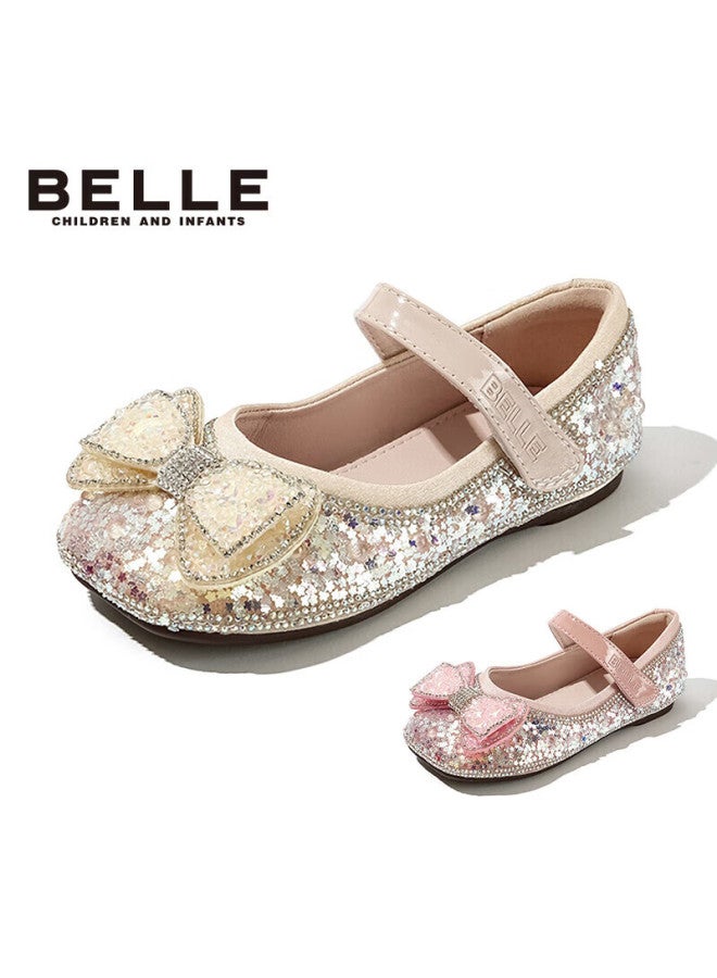 Belle Children's Leather Shoes, Princess Shoes, Crystal Performance Shoes, Baby Spring And Autumn Girls' Flats, Beige, Size 29 - Image 5