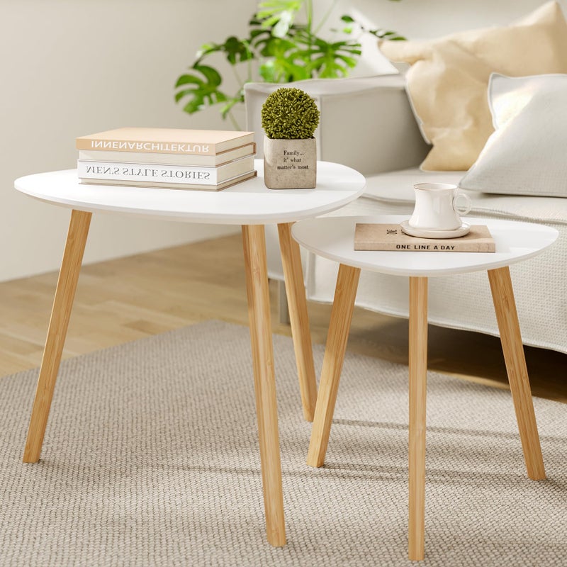 BAMEOS Bamboo Nesting Triangle End Table,Set of 2 Coffee Table Modern Minimalist Side Table for Living Room, Balcony in White - Image 3