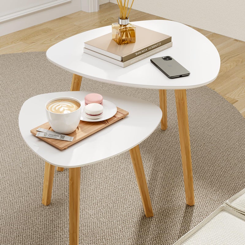 BAMEOS Bamboo Nesting Triangle End Table,Set of 2 Coffee Table Modern Minimalist Side Table for Living Room, Balcony in White - Image 2