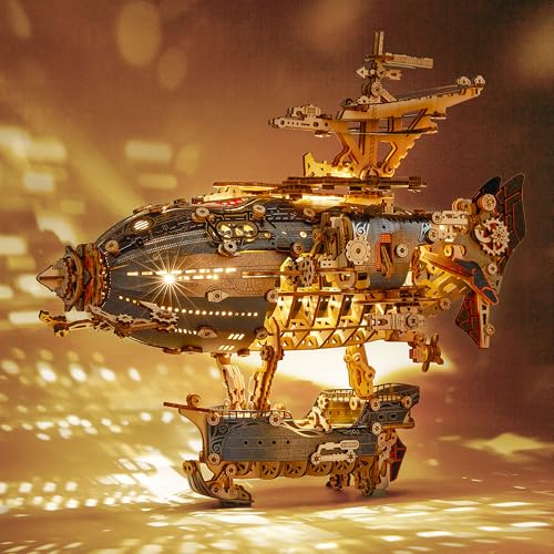 FUNPOLA LED 3D Wood Puzzle Fantasy Airship Model Steampunk DIY Craft Kit with LED Lights Intricate Wooden Airship Model Building Set for Teens and AdultsGray - Image 1