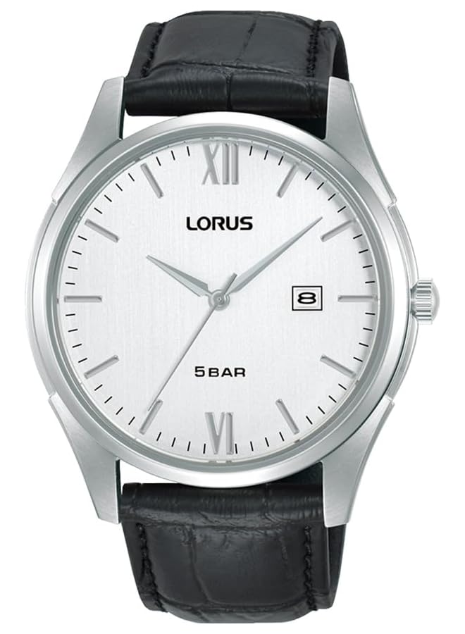 لوراس ساعة كلاسيكية بمينا أبيض وسوار جلدي للرجال Rh991Px9