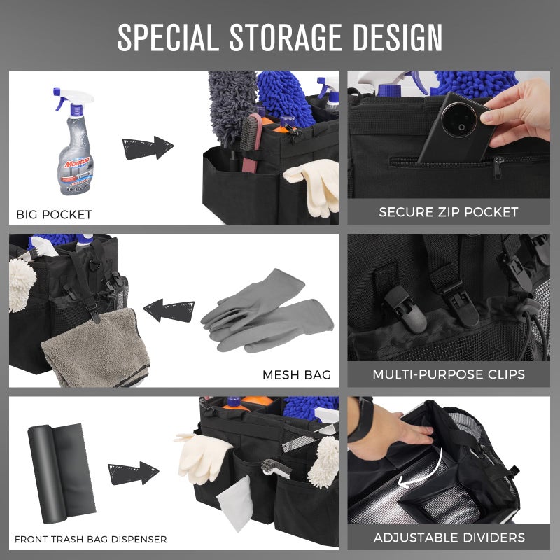 SCAVATA Wearable Cleaning Caddy Organizer with Handle & Shoulder Straps for Housekeepers, Under Sink & Car Cleaning Tool Organizer Bag with 4 Foldable Dividers (Black) - Image 2