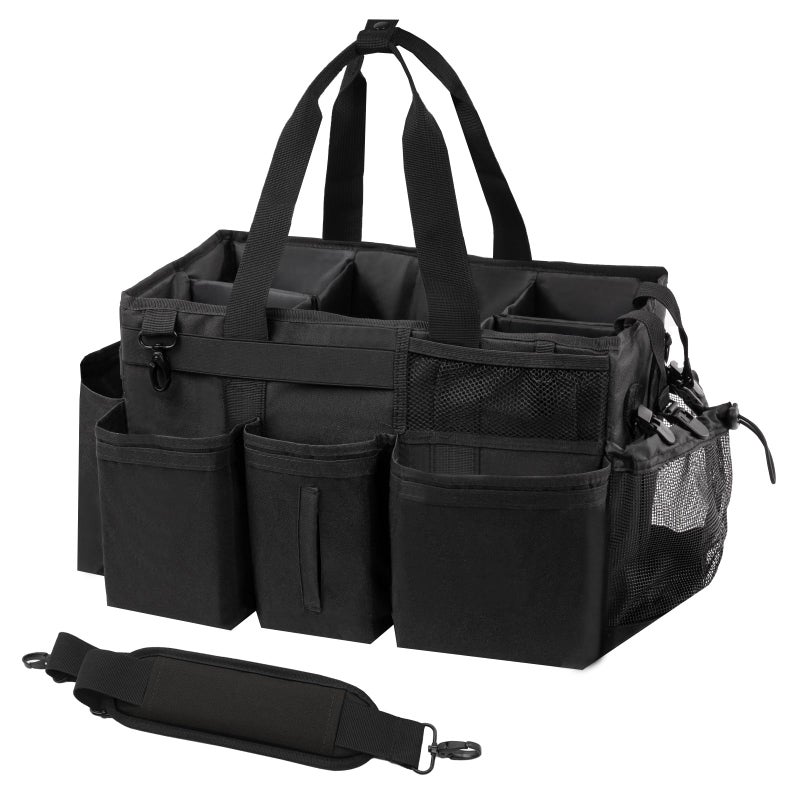 SCAVATA Wearable Cleaning Caddy Organizer with Handle & Shoulder Straps for Housekeepers, Under Sink & Car Cleaning Tool Organizer Bag with 4 Foldable Dividers (Black) - Image 1