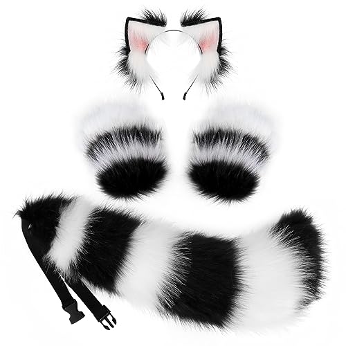 JUNBOON Faux Fur Cat Ears and Wolf Fox Tail Set Adult Claw Glove Kit for Halloween Anime Cosplay Party - Image 1