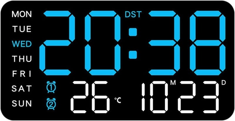 ASTROMETRIC 9" LED Digital Wall Clock with Date, Day & Temperature – Dual Alarm, Adjustable Brightness, USB Powered – Large Display for Bedroom, Office & Home Decor (Blue) - Image 1