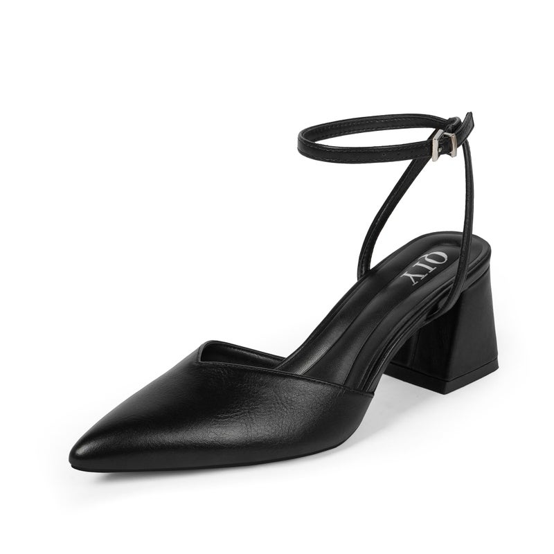 QIY Strappy Heels for Women Black Chunky Heels for Women Pumps Womens Closed Toe Heel Pointed Pointy Toe Slingback Sling Back Block Short Low Heel with Ankle Strap Size 9 - Image 1