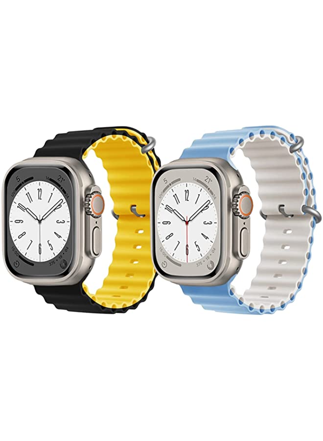 Silicone Ocean Band Strap for Apple Watch Ultra 8 49mm Black/Yellow Double Side Strap with Sky Blue/White Double Side Strap Set of 2