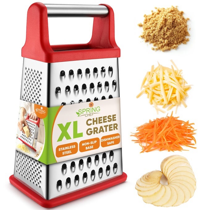 PROFESSIONAL CHEESE GRATER STAINLESS STEEL 4 SIDED BOX GRATER FOR KITCHEN XL SIZE PERFECT SHREDDER FOR PARMESAN CHEESE CARROT POTATO GINGER DISHWASHER SAFE RED