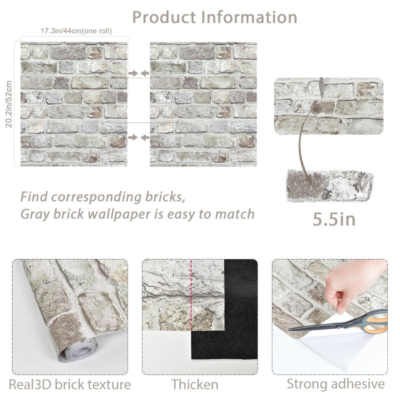 Naphite Gray Brick Wallpaper Peel and Stick 3D Faux Brick Contact Paper for Walls Grey White Self Adhesive Textured Removable Wallpaper Fireplace Kitchen Backspash Waterproof Bathroom 78.7inL 17.3inW - Image 2