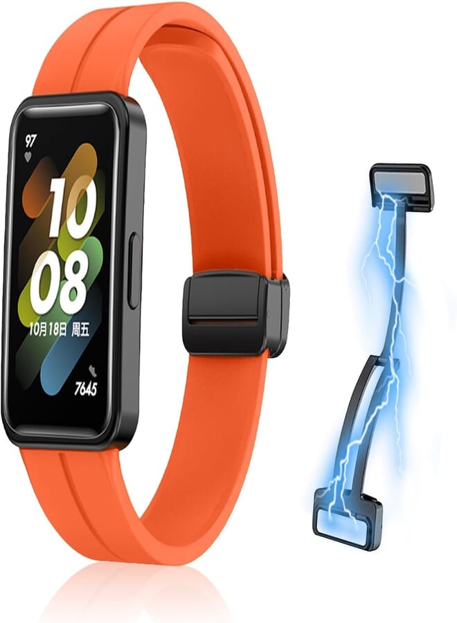 Next Next Store Magnetic Silicone Strap, Compatible with Huawei Band 8, Includes Magnets, Slip on Sport Band Replacement Strap Compatible with Huawei Band 8 (Orange) 