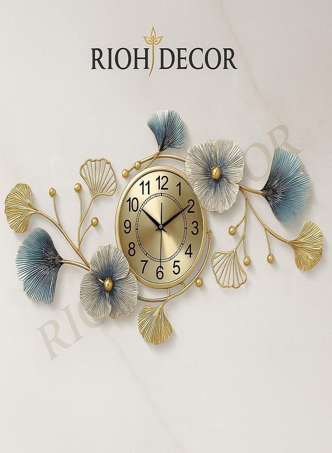 RIOH Decor Premium Wall Clock for Home Décor | Golden Floral Metal Artwork with Blue Accents | Silent Non-Ticking Design - Image 4