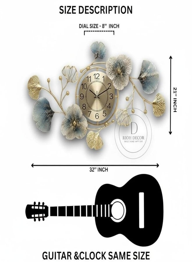 RIOH Decor Premium Wall Clock for Home Décor | Golden Floral Metal Artwork with Blue Accents | Silent Non-Ticking Design - Image 3