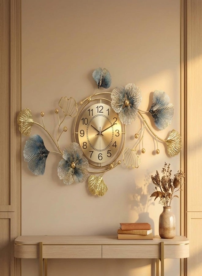 RIOH Decor Premium Wall Clock for Home Décor | Golden Floral Metal Artwork with Blue Accents | Silent Non-Ticking Design - Image 1