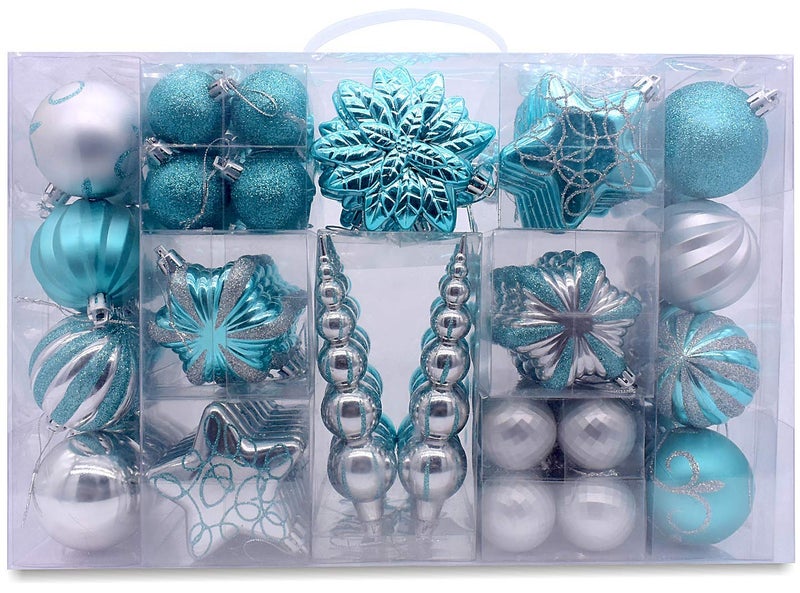 AUXO-FUN 73ct assorted shatterproof Christmas ornaments luxury collection set in reusable hand-held gift package for Christmas tree decoration (turquoise & Silver) - Image 1