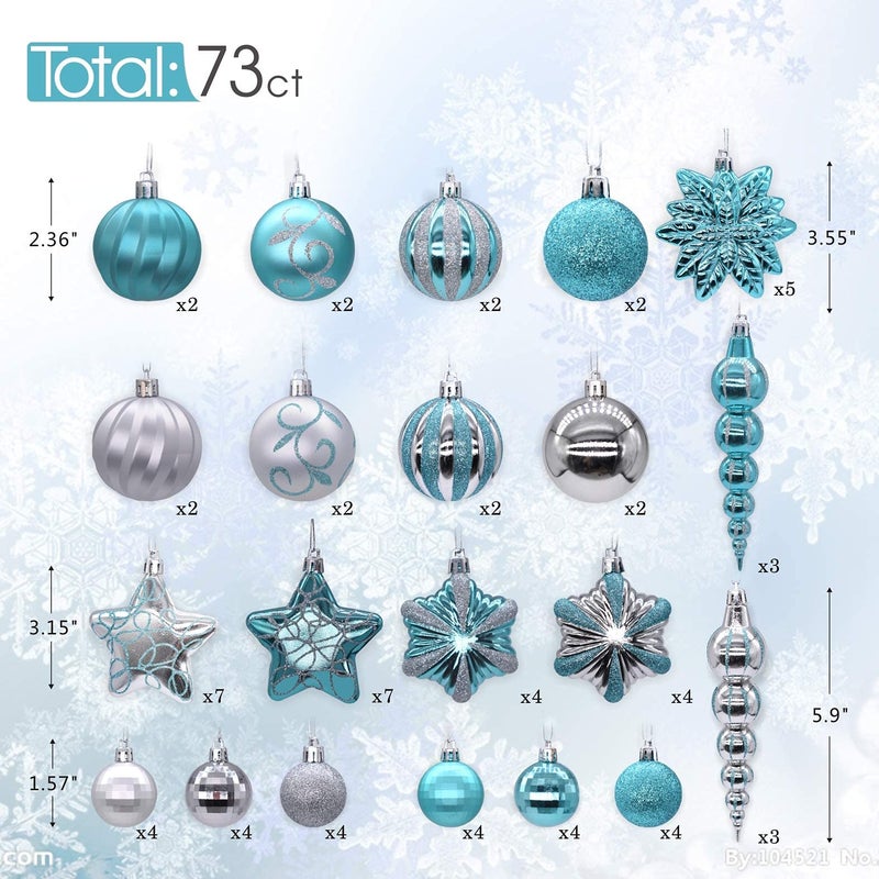 AUXO-FUN 73ct assorted shatterproof Christmas ornaments luxury collection set in reusable hand-held gift package for Christmas tree decoration (turquoise & Silver) - Image 3
