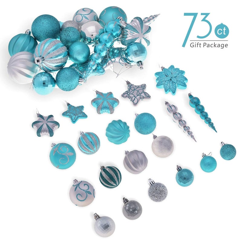 AUXO-FUN 73ct assorted shatterproof Christmas ornaments luxury collection set in reusable hand-held gift package for Christmas tree decoration (turquoise & Silver) - Image 2