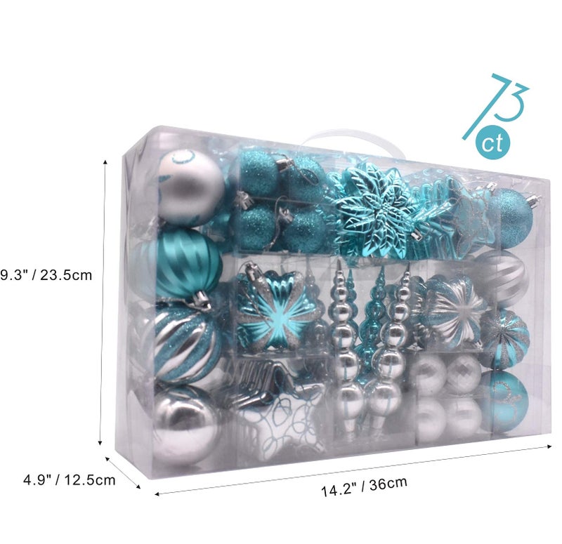 AUXO-FUN 73ct assorted shatterproof Christmas ornaments luxury collection set in reusable hand-held gift package for Christmas tree decoration (turquoise & Silver) - Image 4