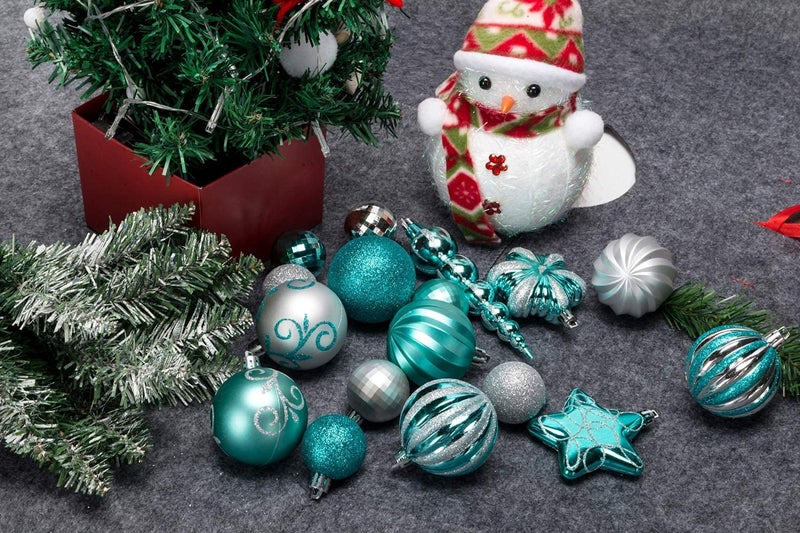 AUXO-FUN 73ct assorted shatterproof Christmas ornaments luxury collection set in reusable hand-held gift package for Christmas tree decoration (turquoise & Silver) - Image 5