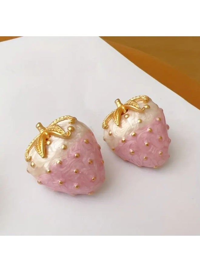 Just Pretty Corner Charming Strawberry Earrings - 3D Fruit Design (Pink) - Image 1