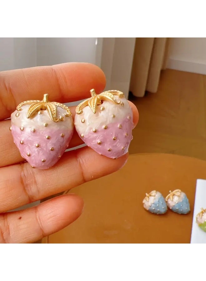 Just Pretty Corner Charming Strawberry Earrings - 3D Fruit Design (Pink) - Image 2