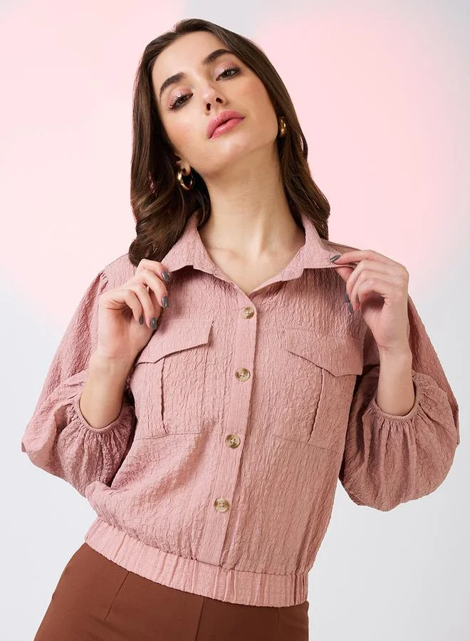 globus Pink Textured Crop Shirt with Puffed Sleeves