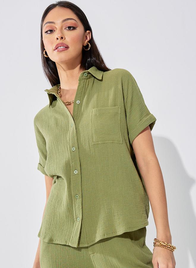 Styli Cotton Gauze Textured Shirt with Turn-Up Sleeves - Image 4