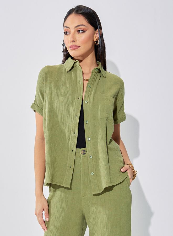 Styli Cotton Gauze Textured Shirt with Turn-Up Sleeves - Image 1