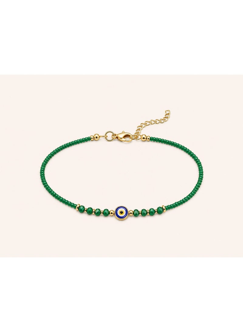 Adjustable Green Beaded Evil Eye Charm Bracelet - Image 2