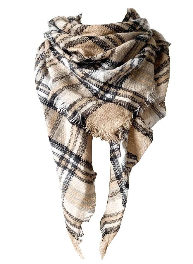 Wander Agio Wander Agio Womens Warm Scarf Triangle Shawls Large Scarves Stripe Plaid Fichu Big Plaid White Camel 33  - Image 3
