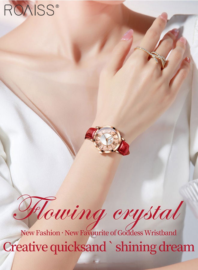 رويس ساعة كوارتز بسوار جلدي للنساء، ساعة بقرص الرمال المتحركة الدائري الإبداعي مع زركونيوم متدفق، ساعة يد أنيقة مقاومة للماء كهدية للسيدات - Image 2