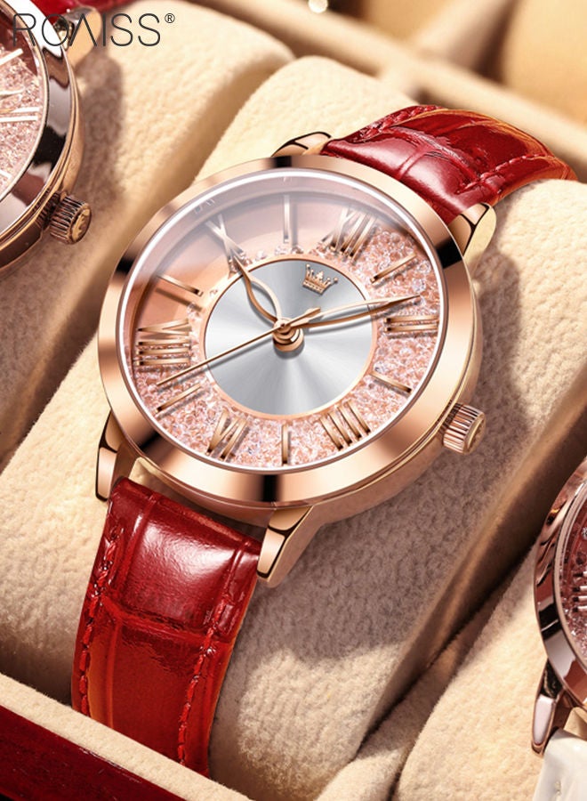 رويس ساعة كوارتز بسوار جلدي للنساء، ساعة بقرص الرمال المتحركة الدائري الإبداعي مع زركونيوم متدفق، ساعة يد أنيقة مقاومة للماء كهدية للسيدات - Image 3