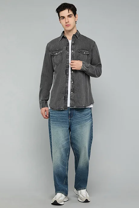 أر أند بي Washed Denim Shirt with Classic Collar and Long Sleeves