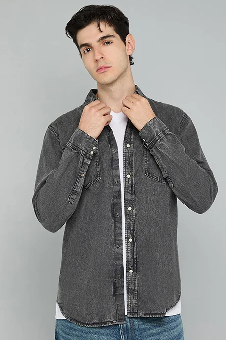أر أند بي Washed Denim Shirt with Classic Collar and Long Sleeves