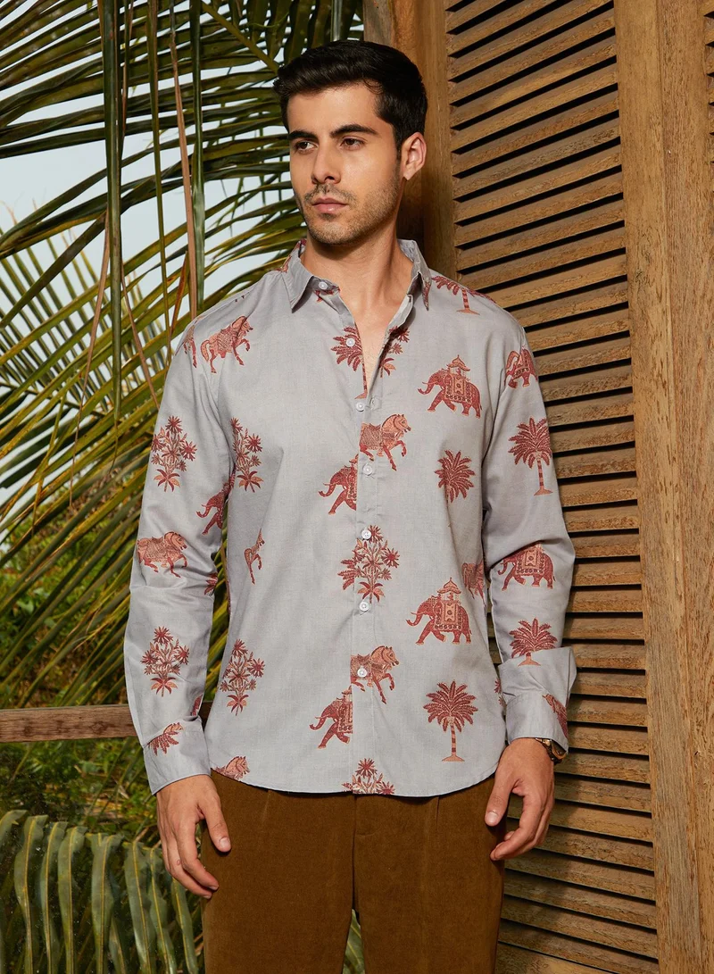 Campus Sutra Men's Cloud Grey & Chocolate Brown Vedic-Imprint Shirt