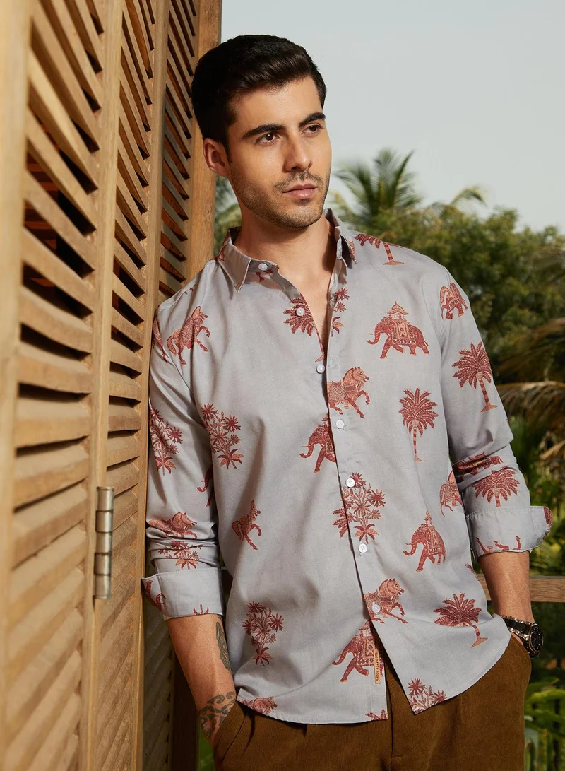 Campus Sutra Men's Cloud Grey & Chocolate Brown Vedic-Imprint Shirt