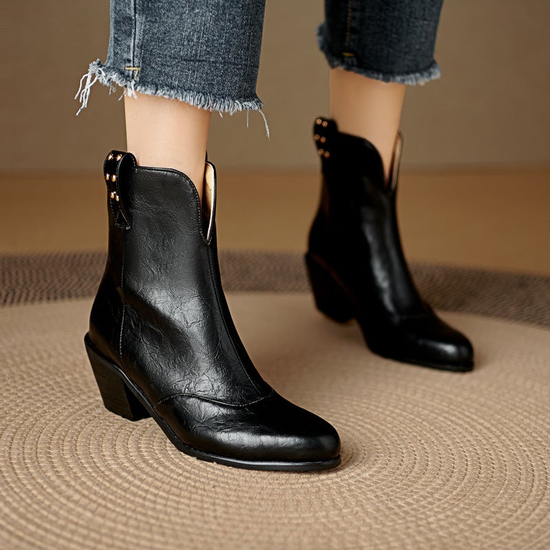 Independent Station Supply 2024 Fashion High-Heeled Boots 40-48 Plus Size Rivet Zipper Low Boots For Women - Image 4