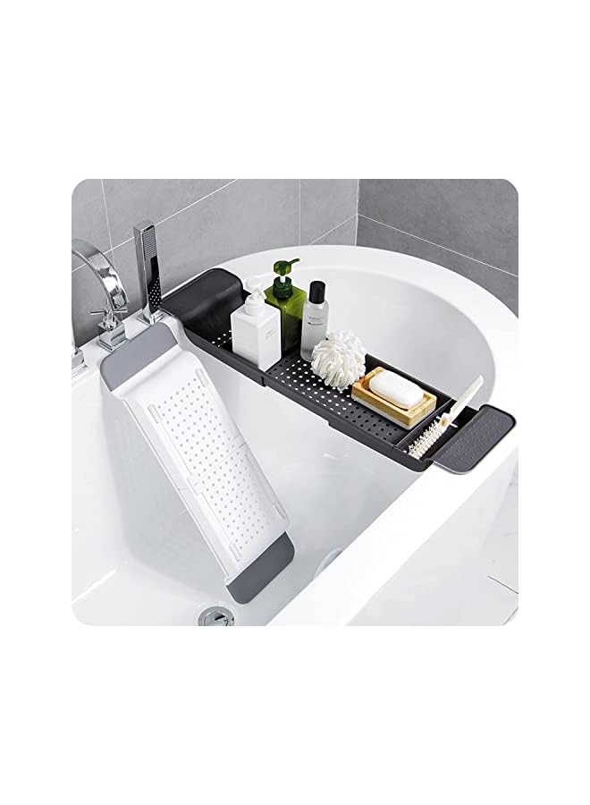 راكسوم رف حوض الاستحمام القابل للتمديد، صينية حوض الاستحمام القابلة للسحب متعددة الوظائف، صينية حمام، حامل كتب المناشف، منظم تخزين (أسود) - Image 3