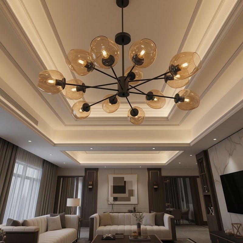 DANUBE HOME Burnes 9067 12 Black CH 108*h75cm E27 Contemporary Pendant Lamps Hanging Lanterns E27 Bulb Base Modern Design Indoor Lighting For Bedroom L108xW108xH75cm-Black - Image 1